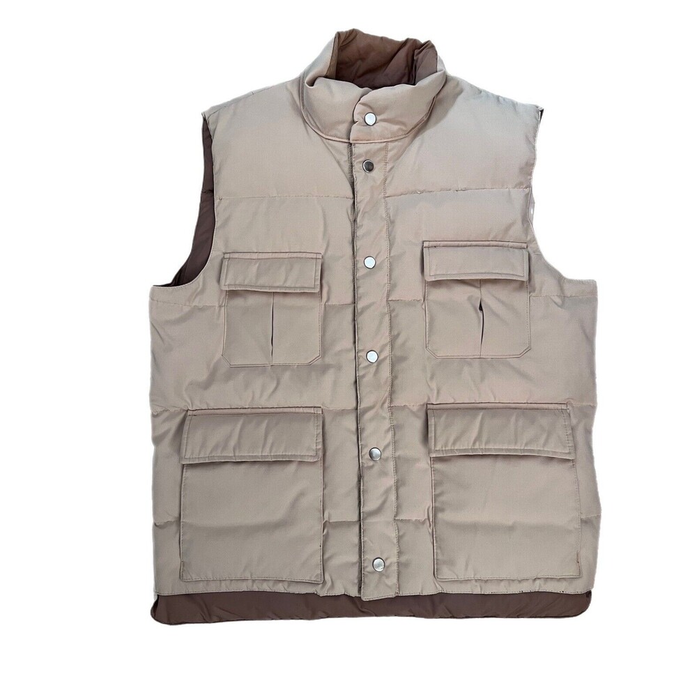 Vintage PineTree Boy Scout Puffer Vest Duck Down Beige Snaps Pockets Mens XL